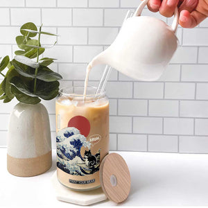 Japanese Kawaii Anime Cat Glass Can Funny Surfing Cat Bruh Retro The Great Wave Kanagawa TS10 Print Your Wear