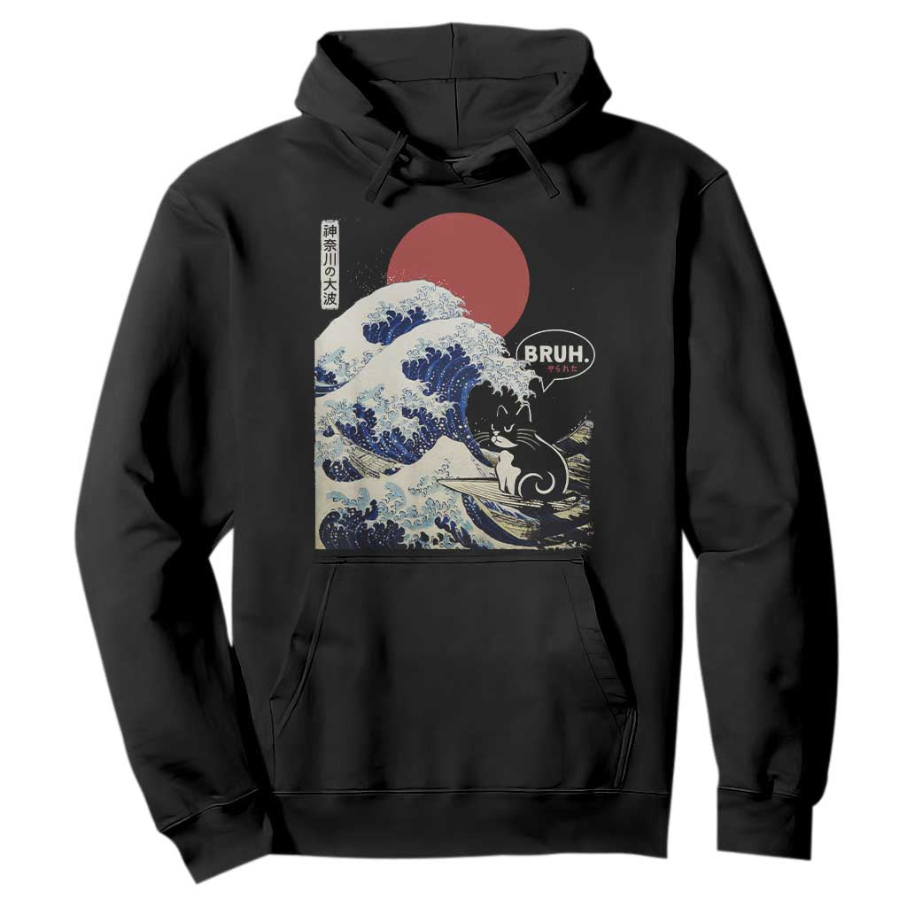 Japanese Kawaii Anime Cat Hoodie Funny Surfing Cat Bruh Retro The Great Wave Kanagawa TS10 Black Print Your Wear