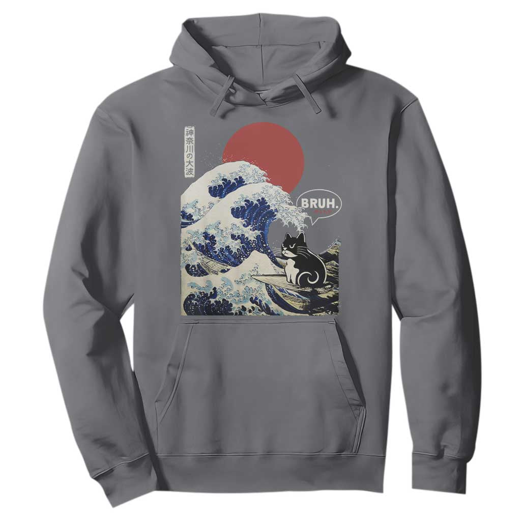 Japanese Kawaii Anime Cat Hoodie Funny Surfing Cat Bruh Retro The Great Wave Kanagawa TS10 Charcoal Print Your Wear