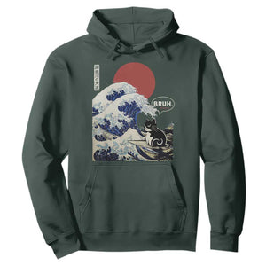 Japanese Kawaii Anime Cat Hoodie Funny Surfing Cat Bruh Retro The Great Wave Kanagawa TS10 Dark Forest Green Print Your Wear