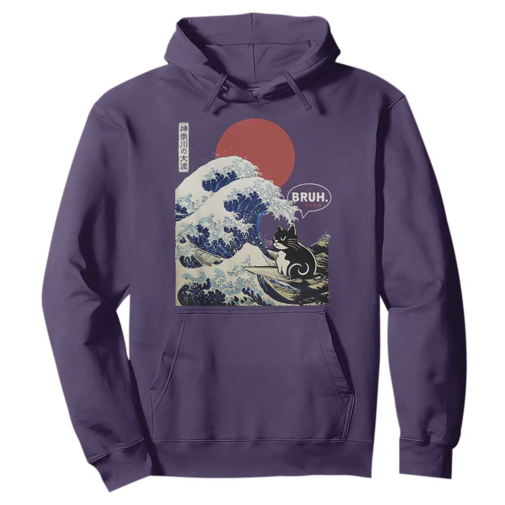 Japanese Kawaii Anime Cat Hoodie Funny Surfing Cat Bruh Retro The Great Wave Kanagawa TS10 Purple Print Your Wear