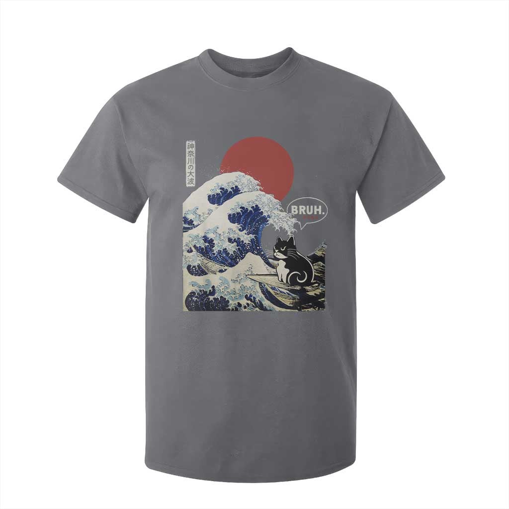 Japanese Kawaii Anime Cat T Shirt For Kid Funny Surfing Cat Bruh Retro The Great Wave Kanagawa TS10 Charcoal Print Your Wear