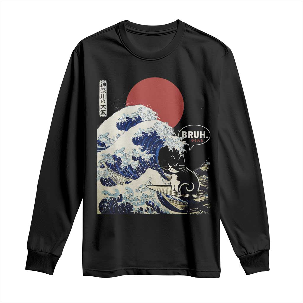 Japanese Kawaii Anime Cat Long Sleeve Shirt Funny Surfing Cat Bruh Retro The Great Wave Kanagawa TS10 Black Print Your Wear