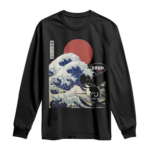 Japanese Kawaii Anime Cat Long Sleeve Shirt Funny Surfing Cat Bruh Retro The Great Wave Kanagawa TS10 Black Print Your Wear