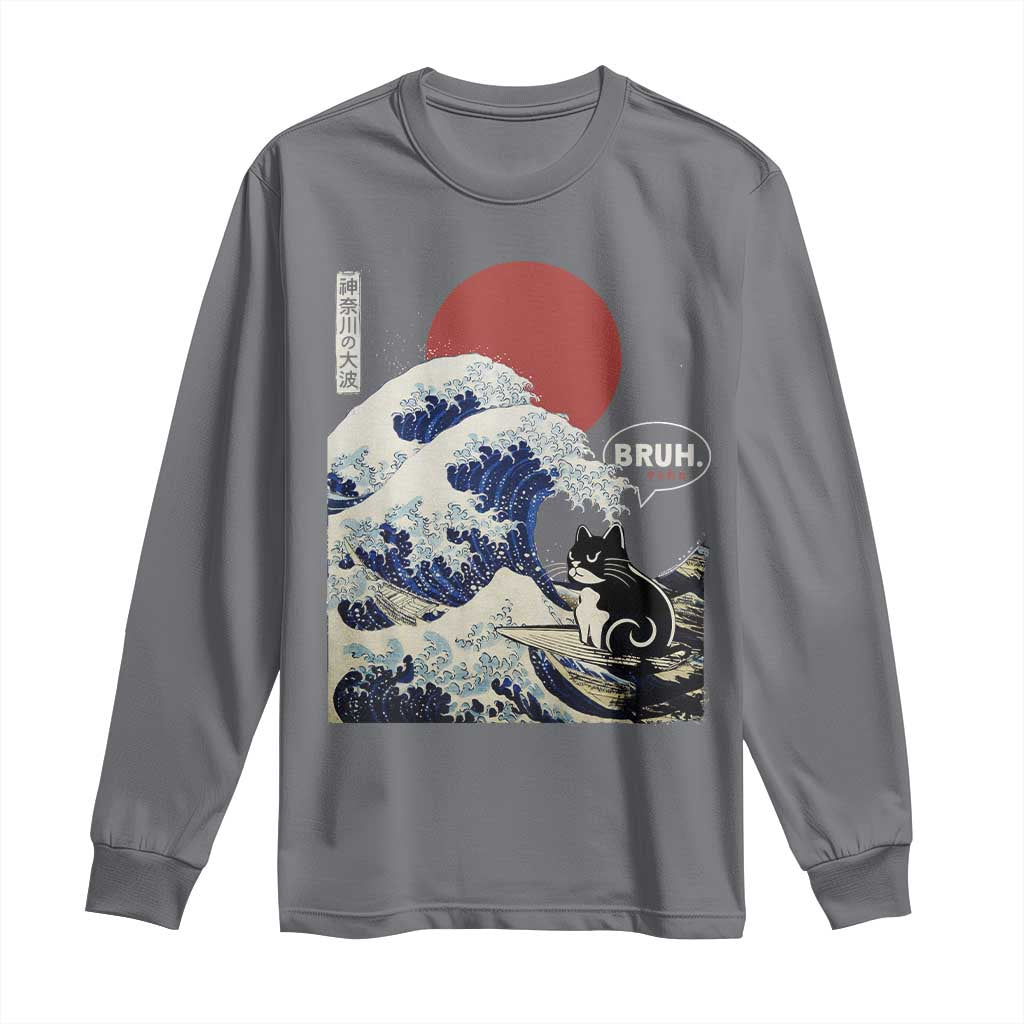 Japanese Kawaii Anime Cat Long Sleeve Shirt Funny Surfing Cat Bruh Retro The Great Wave Kanagawa TS10 Charcoal Print Your Wear