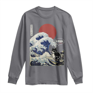 Japanese Kawaii Anime Cat Long Sleeve Shirt Funny Surfing Cat Bruh Retro The Great Wave Kanagawa TS10 Charcoal Print Your Wear