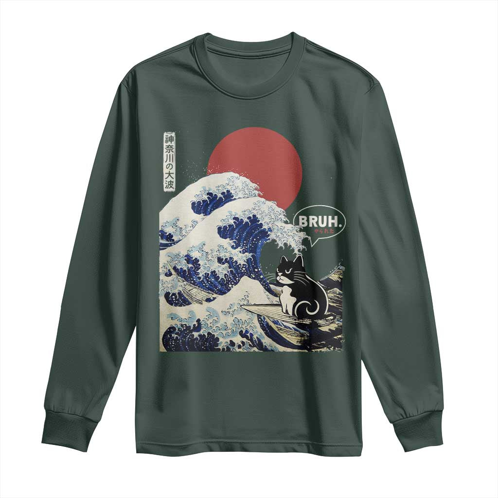 Japanese Kawaii Anime Cat Long Sleeve Shirt Funny Surfing Cat Bruh Retro The Great Wave Kanagawa TS10 Dark Forest Green Print Your Wear