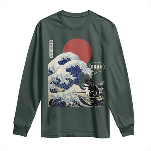 Japanese Kawaii Anime Cat Long Sleeve Shirt Funny Surfing Cat Bruh Retro The Great Wave Kanagawa TS10 Dark Forest Green Print Your Wear