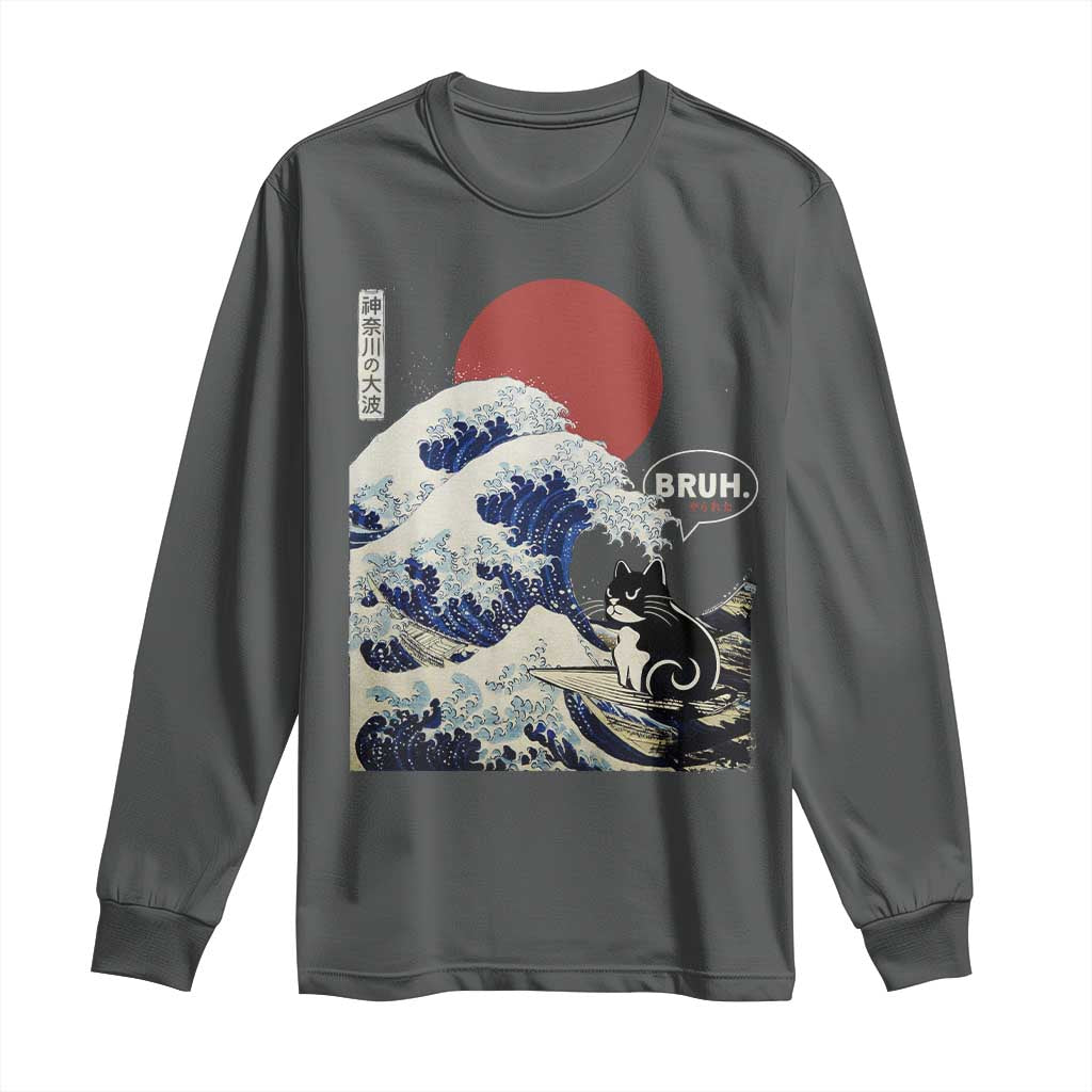 Japanese Kawaii Anime Cat Long Sleeve Shirt Funny Surfing Cat Bruh Retro The Great Wave Kanagawa TS10 Dark Heather Print Your Wear