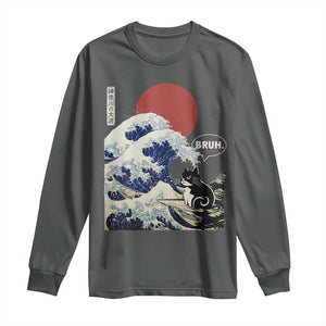 Japanese Kawaii Anime Cat Long Sleeve Shirt Funny Surfing Cat Bruh Retro The Great Wave Kanagawa TS10 Dark Heather Print Your Wear