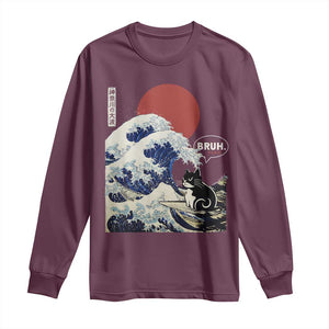 Japanese Kawaii Anime Cat Long Sleeve Shirt Funny Surfing Cat Bruh Retro The Great Wave Kanagawa TS10 Maroon Print Your Wear