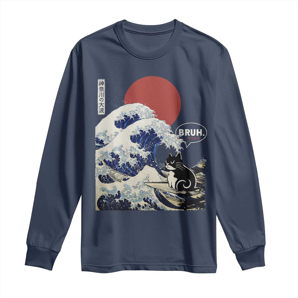 Japanese Kawaii Anime Cat Long Sleeve Shirt Funny Surfing Cat Bruh Retro The Great Wave Kanagawa TS10 Navy Print Your Wear