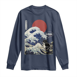 Japanese Kawaii Anime Cat Long Sleeve Shirt Funny Surfing Cat Bruh Retro The Great Wave Kanagawa TS10 Navy Print Your Wear