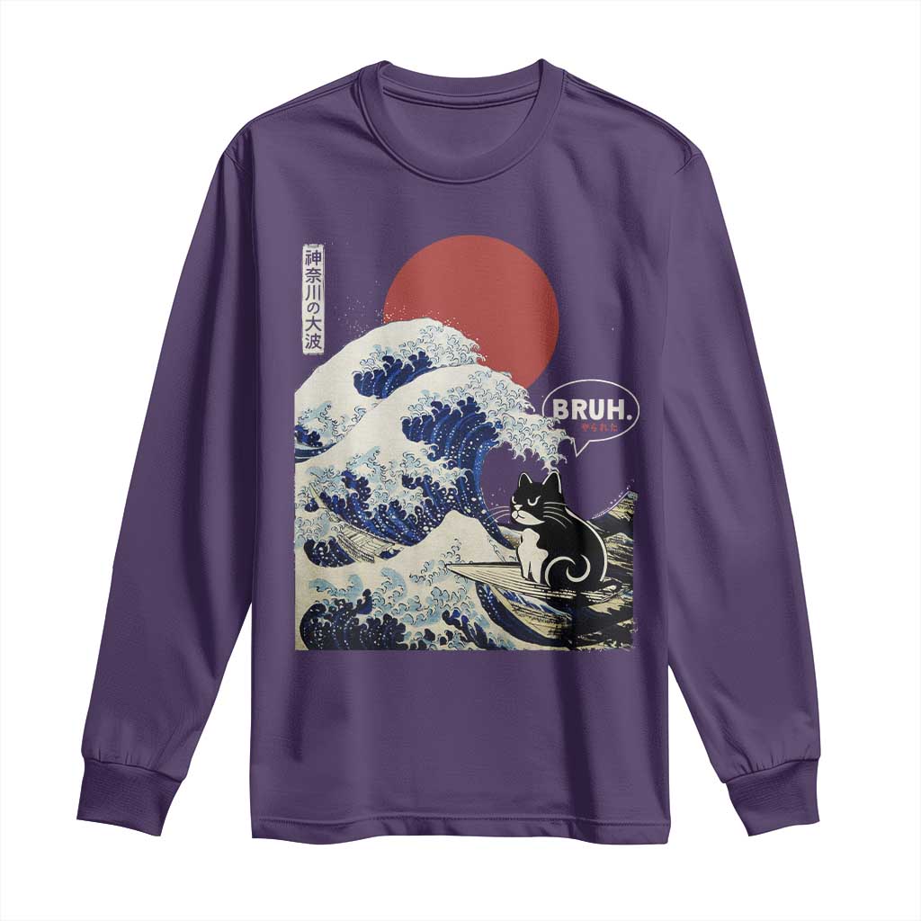 Japanese Kawaii Anime Cat Long Sleeve Shirt Funny Surfing Cat Bruh Retro The Great Wave Kanagawa TS10 Purple Print Your Wear