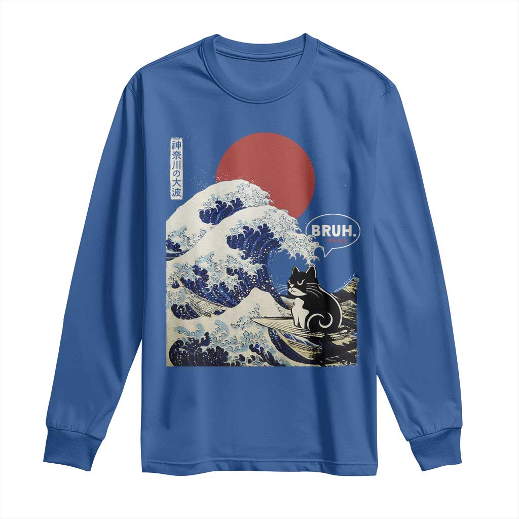 Japanese Kawaii Anime Cat Long Sleeve Shirt Funny Surfing Cat Bruh Retro The Great Wave Kanagawa TS10 Royal Blue Print Your Wear
