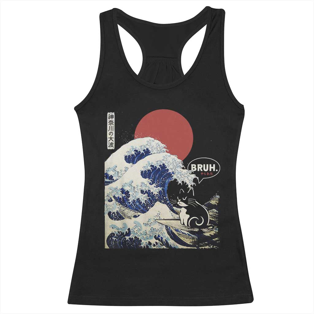 Japanese Kawaii Anime Cat Racerback Tank Top Funny Surfing Cat Bruh Retro The Great Wave Kanagawa TS10 Black Print Your Wear