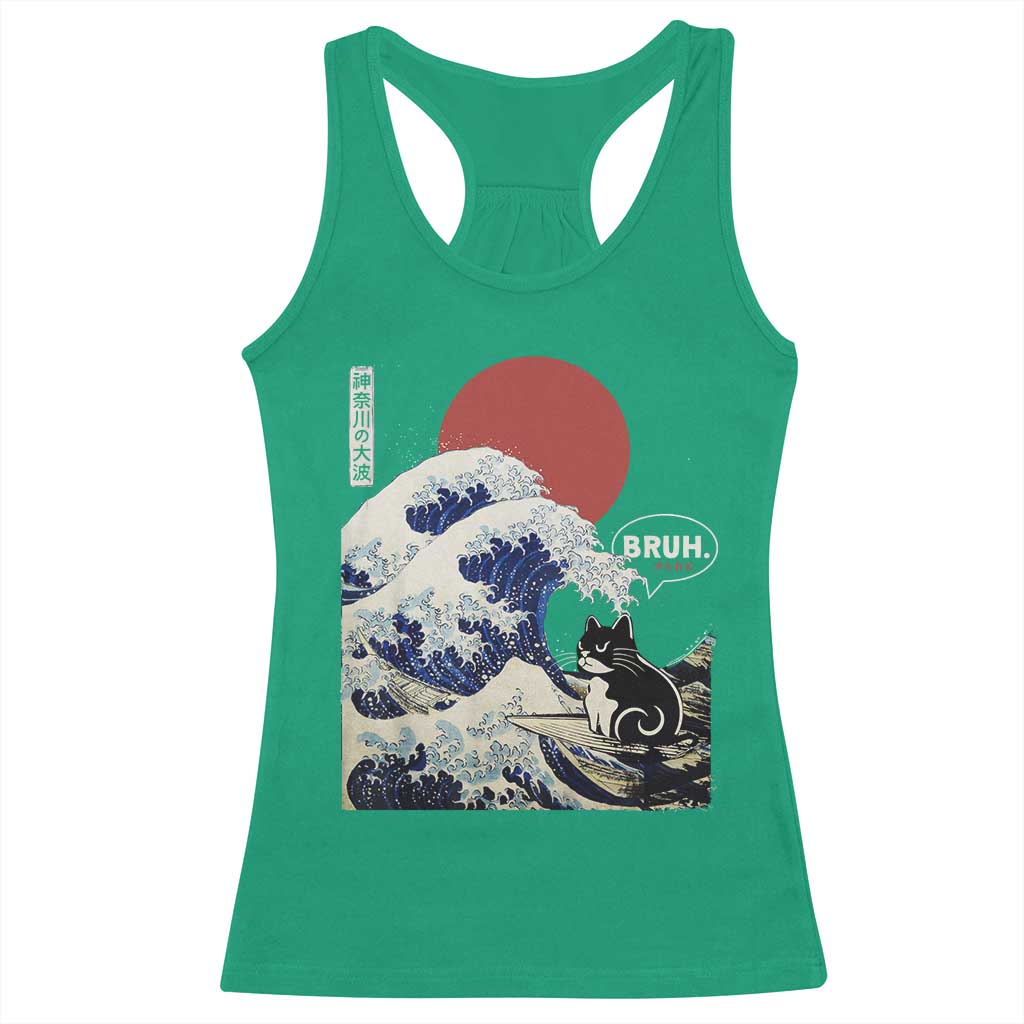 Japanese Kawaii Anime Cat Racerback Tank Top Funny Surfing Cat Bruh Retro The Great Wave Kanagawa TS10 Irish Green Print Your Wear