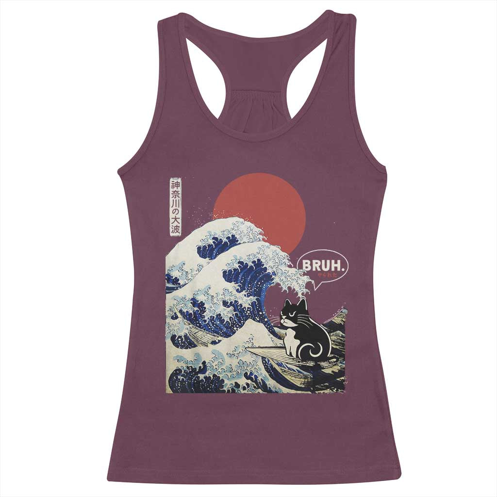 Japanese Kawaii Anime Cat Racerback Tank Top Funny Surfing Cat Bruh Retro The Great Wave Kanagawa TS10 Maroon Print Your Wear