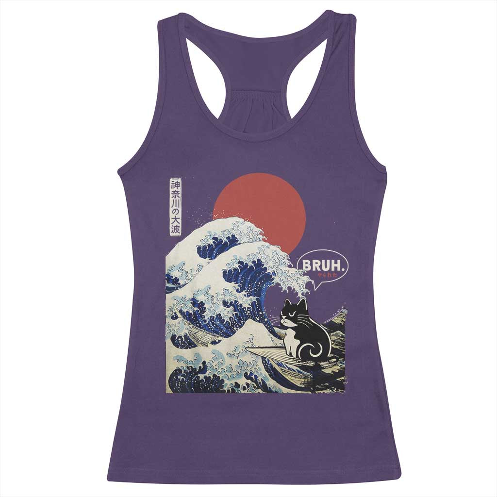 Japanese Kawaii Anime Cat Racerback Tank Top Funny Surfing Cat Bruh Retro The Great Wave Kanagawa TS10 Purple Print Your Wear