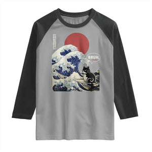 Japanese Kawaii Anime Cat Raglan Shirt Funny Surfing Cat Bruh Retro The Great Wave Kanagawa TS10 Sport Gray Black Print Your Wear