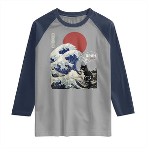 Japanese Kawaii Anime Cat Raglan Shirt Funny Surfing Cat Bruh Retro The Great Wave Kanagawa TS10 Sport Gray Navy Print Your Wear