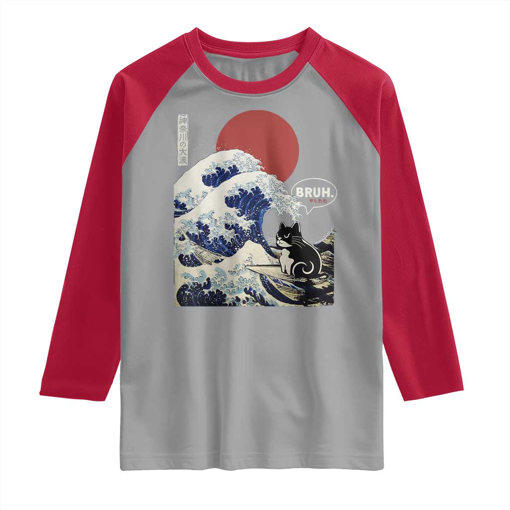 Japanese Kawaii Anime Cat Raglan Shirt Funny Surfing Cat Bruh Retro The Great Wave Kanagawa TS10 Sport Gray Red Print Your Wear
