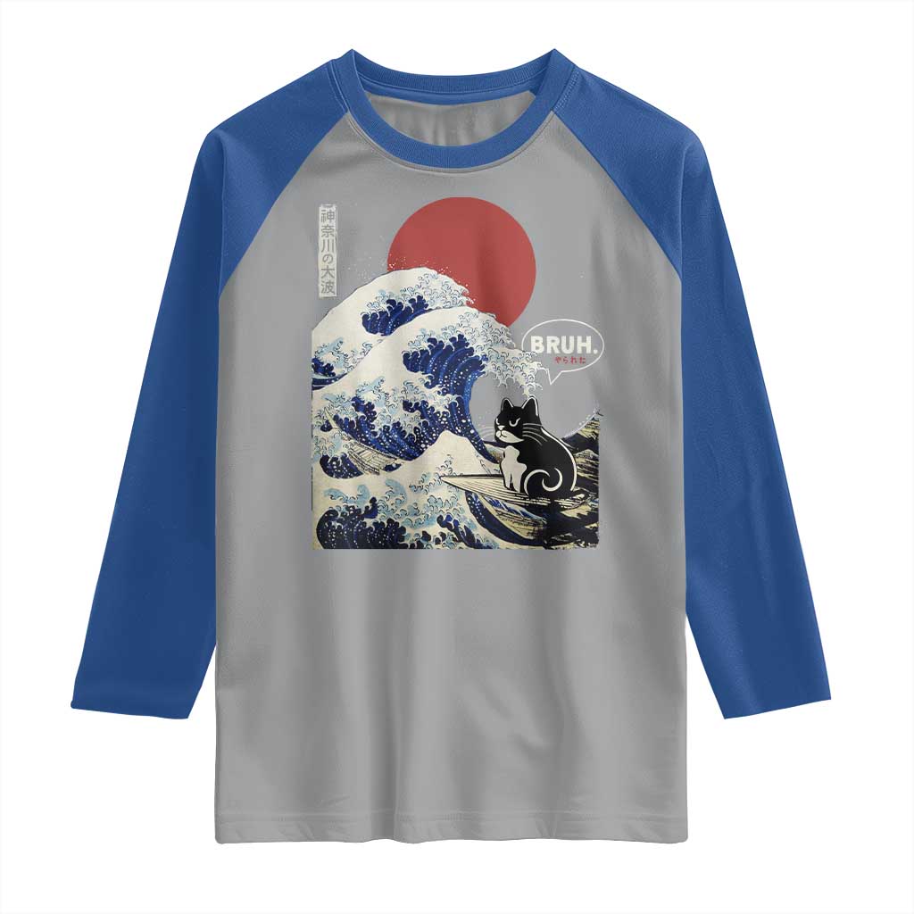 Japanese Kawaii Anime Cat Raglan Shirt Funny Surfing Cat Bruh Retro The Great Wave Kanagawa TS10 Sport Gray Royal Print Your Wear