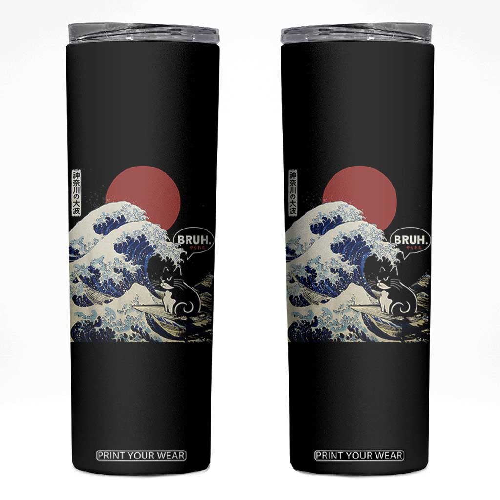 Japanese Kawaii Anime Cat Skinny Tumbler Funny Surfing Cat Bruh Retro The Great Wave Kanagawa TS10 Black Print Your Wear