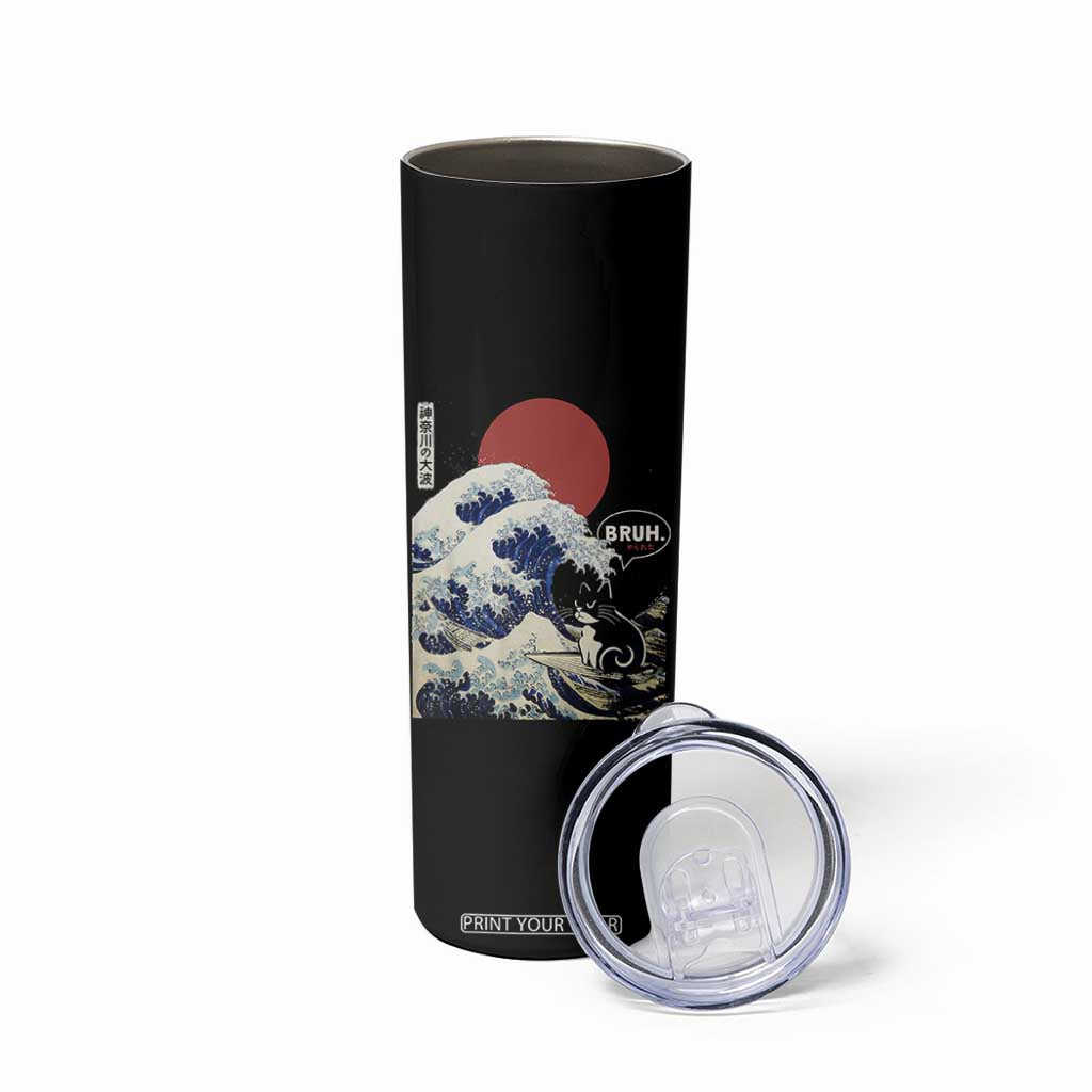 Japanese Kawaii Anime Cat Skinny Tumbler Funny Surfing Cat Bruh Retro The Great Wave Kanagawa TS10 Print Your Wear