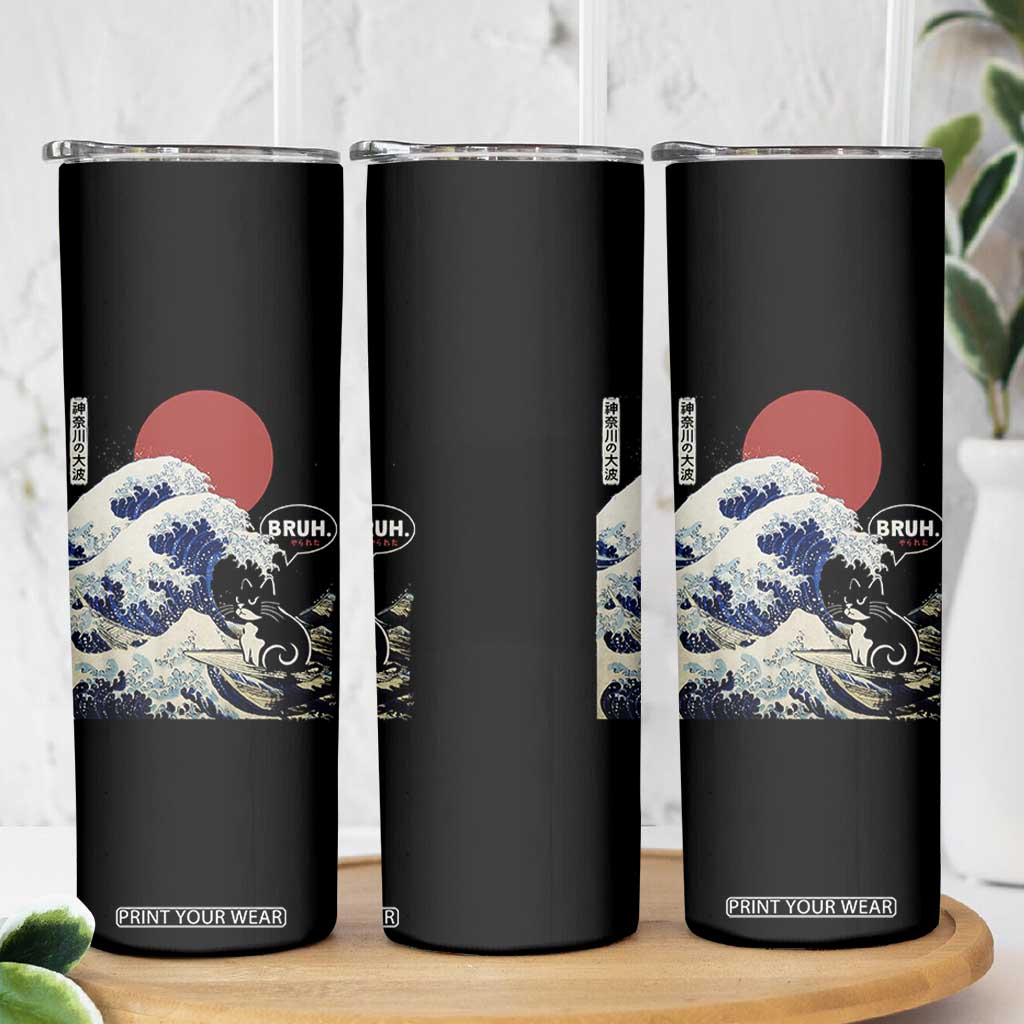 Japanese Kawaii Anime Cat Skinny Tumbler Funny Surfing Cat Bruh Retro The Great Wave Kanagawa TS10 Print Your Wear