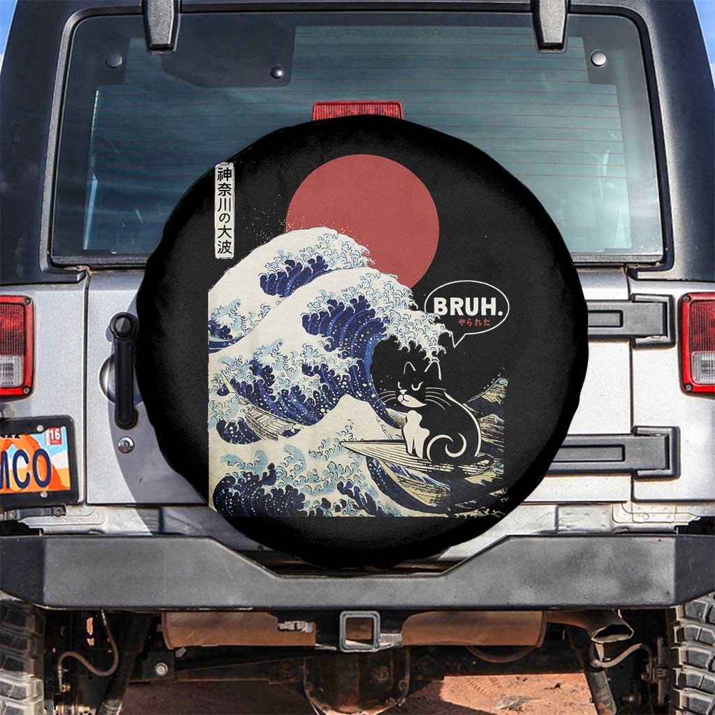Japanese Kawaii Anime Cat Spare Tire Cover Funny Surfing Cat Bruh Retro The Great Wave Kanagawa TS10 No hole Black Print Your Wear