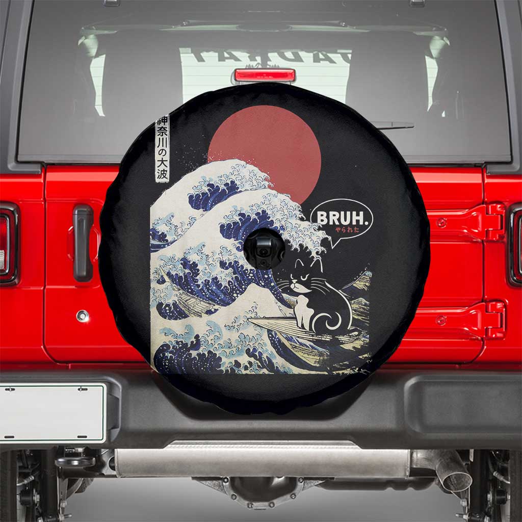 Japanese Kawaii Anime Cat Spare Tire Cover Funny Surfing Cat Bruh Retro The Great Wave Kanagawa TS10 Black Print Your Wear