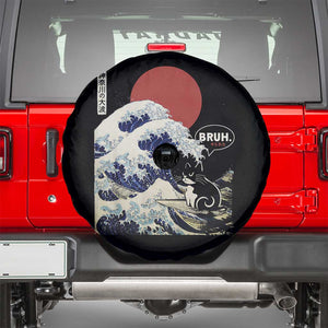 Japanese Kawaii Anime Cat Spare Tire Cover Funny Surfing Cat Bruh Retro The Great Wave Kanagawa TS10 Black Print Your Wear