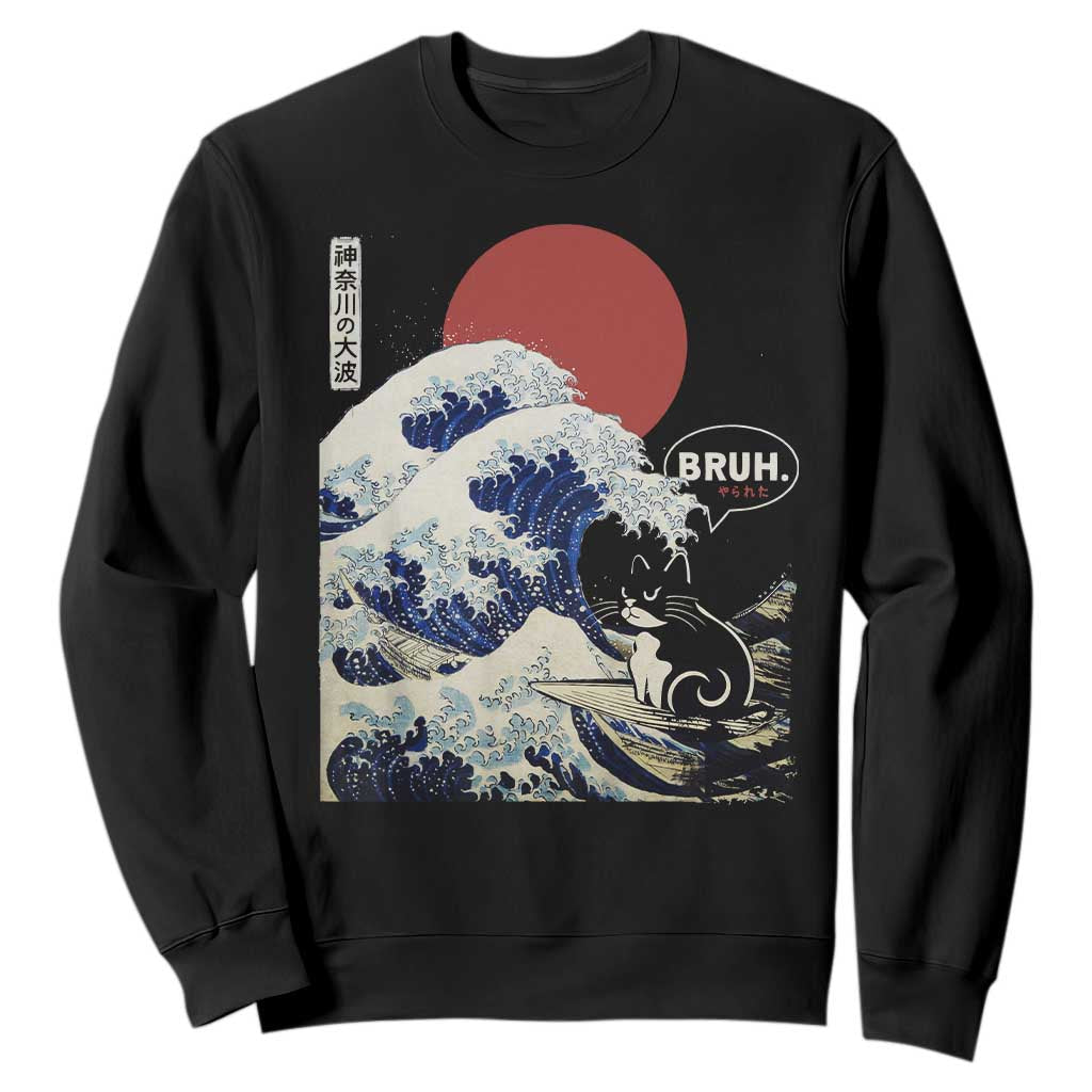 Japanese Kawaii Anime Cat Sweatshirt Funny Surfing Cat Bruh Retro The Great Wave Kanagawa TS10 Black Print Your Wear