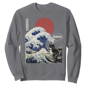 Japanese Kawaii Anime Cat Sweatshirt Funny Surfing Cat Bruh Retro The Great Wave Kanagawa TS10 Charcoal Print Your Wear