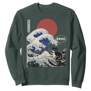 Japanese Kawaii Anime Cat Sweatshirt Funny Surfing Cat Bruh Retro The Great Wave Kanagawa TS10 Dark Forest Green Print Your Wear