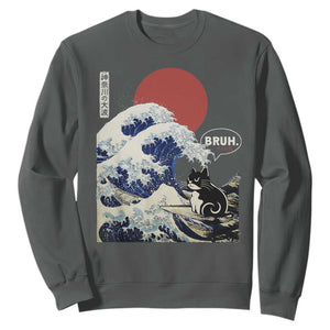 Japanese Kawaii Anime Cat Sweatshirt Funny Surfing Cat Bruh Retro The Great Wave Kanagawa TS10 Dark Heather Print Your Wear