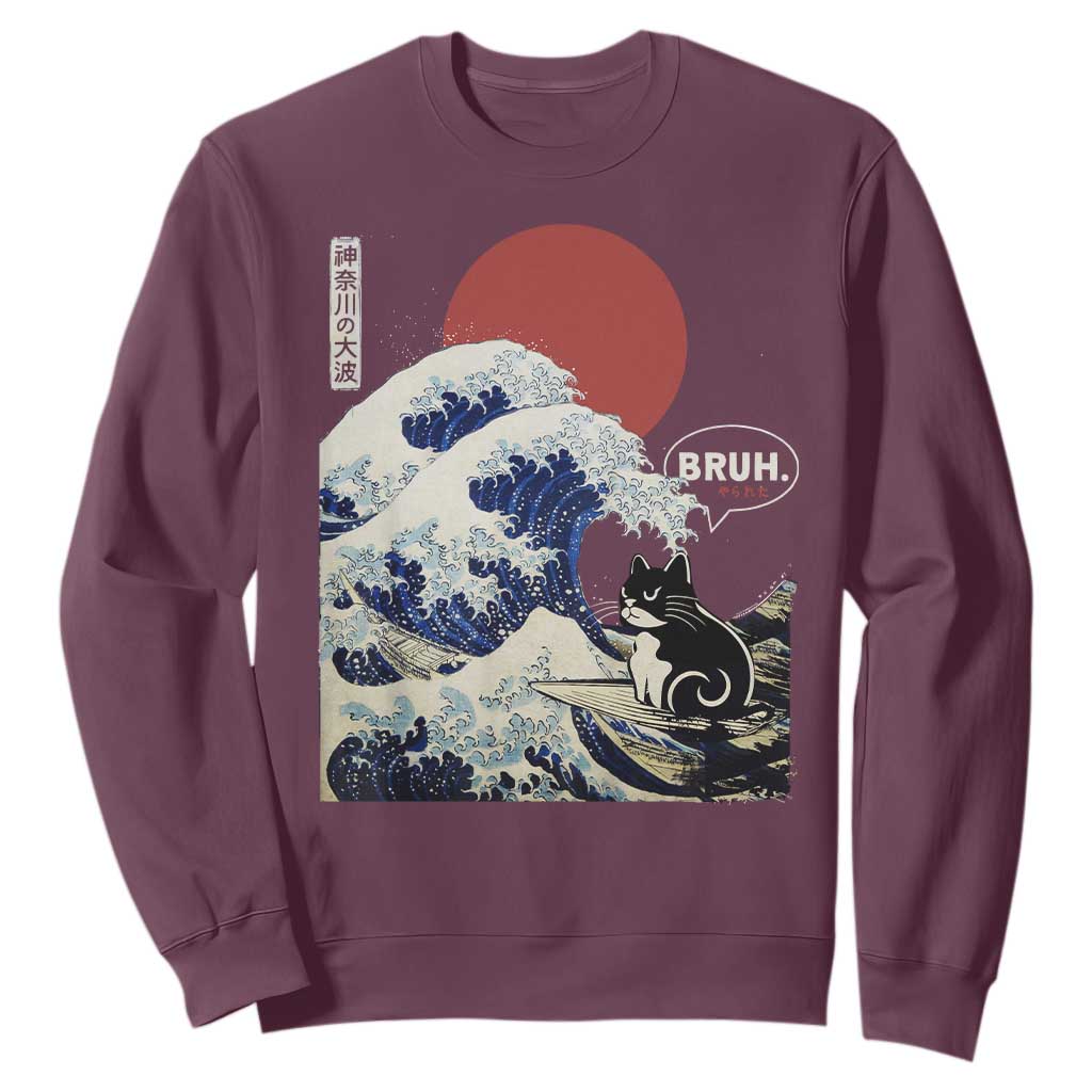 Japanese Kawaii Anime Cat Sweatshirt Funny Surfing Cat Bruh Retro The Great Wave Kanagawa TS10 Maroon Print Your Wear