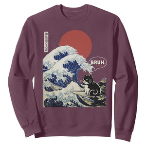 Japanese Kawaii Anime Cat Sweatshirt Funny Surfing Cat Bruh Retro The Great Wave Kanagawa TS10 Maroon Print Your Wear