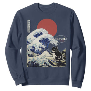 Japanese Kawaii Anime Cat Sweatshirt Funny Surfing Cat Bruh Retro The Great Wave Kanagawa TS10 Navy Print Your Wear