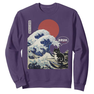 Japanese Kawaii Anime Cat Sweatshirt Funny Surfing Cat Bruh Retro The Great Wave Kanagawa TS10 Purple Print Your Wear