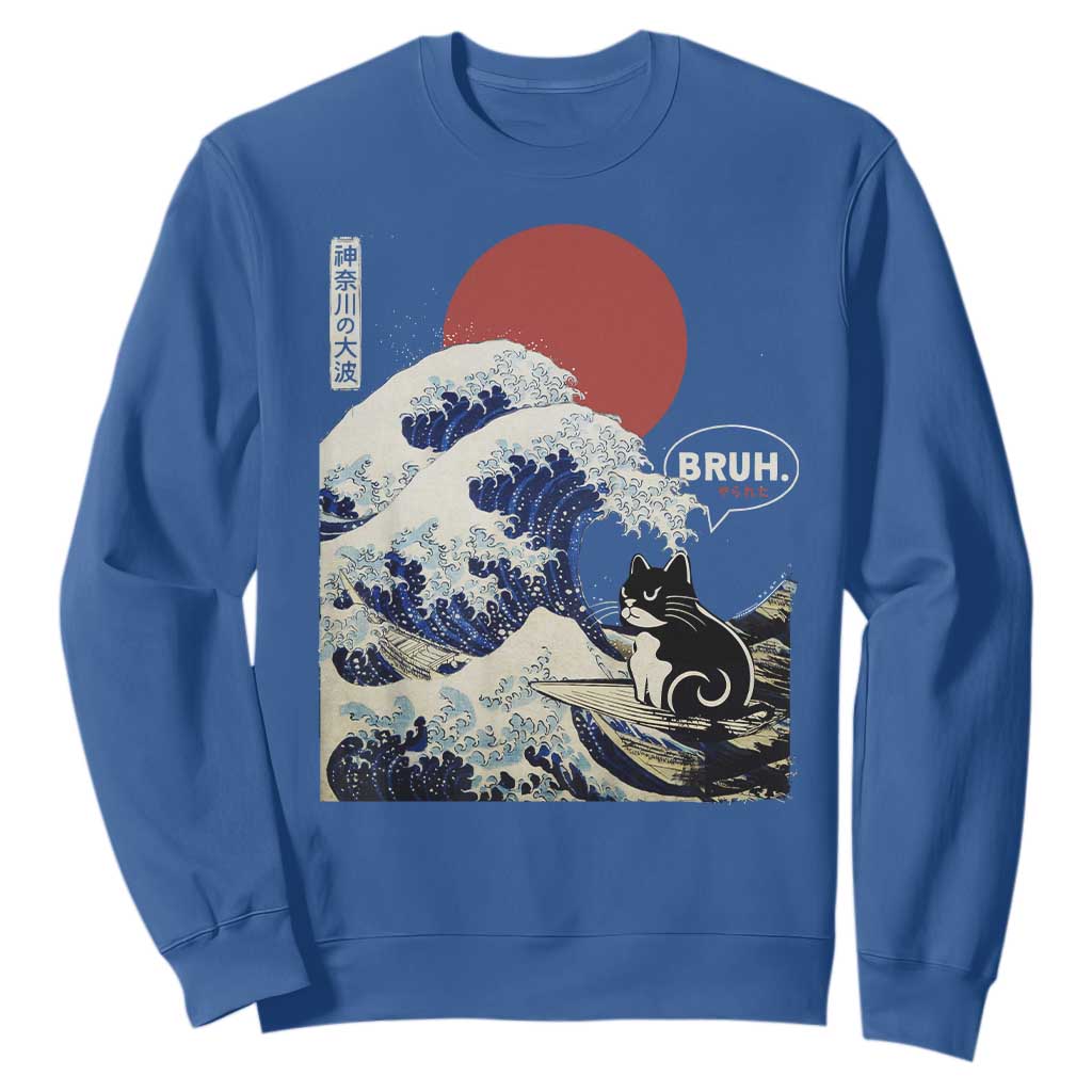 Japanese Kawaii Anime Cat Sweatshirt Funny Surfing Cat Bruh Retro The Great Wave Kanagawa TS10 Royal Blue Print Your Wear