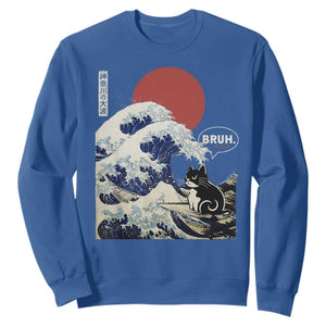 Japanese Kawaii Anime Cat Sweatshirt Funny Surfing Cat Bruh Retro The Great Wave Kanagawa TS10 Royal Blue Print Your Wear