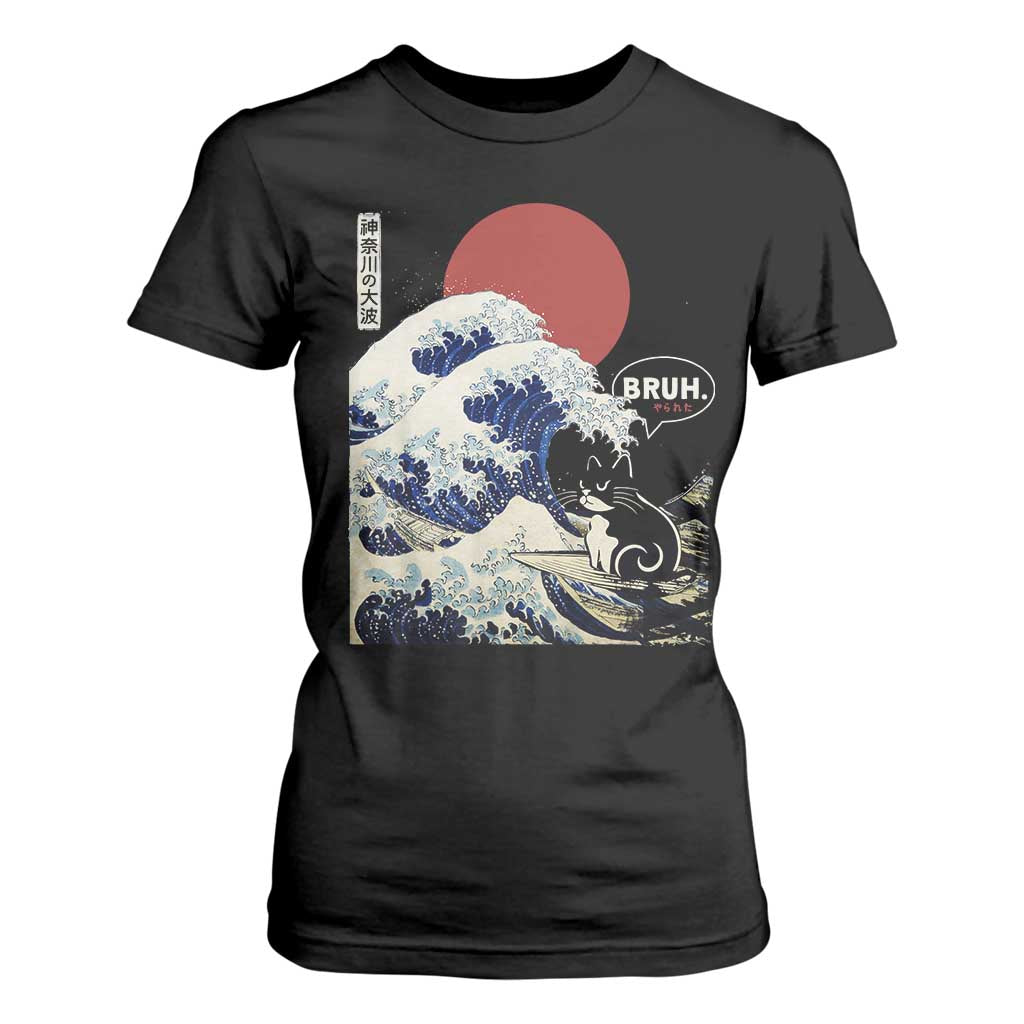 Japanese Kawaii Anime Cat T Shirt For Women Funny Surfing Cat Bruh Retro The Great Wave Kanagawa TS10 Black Print Your Wear