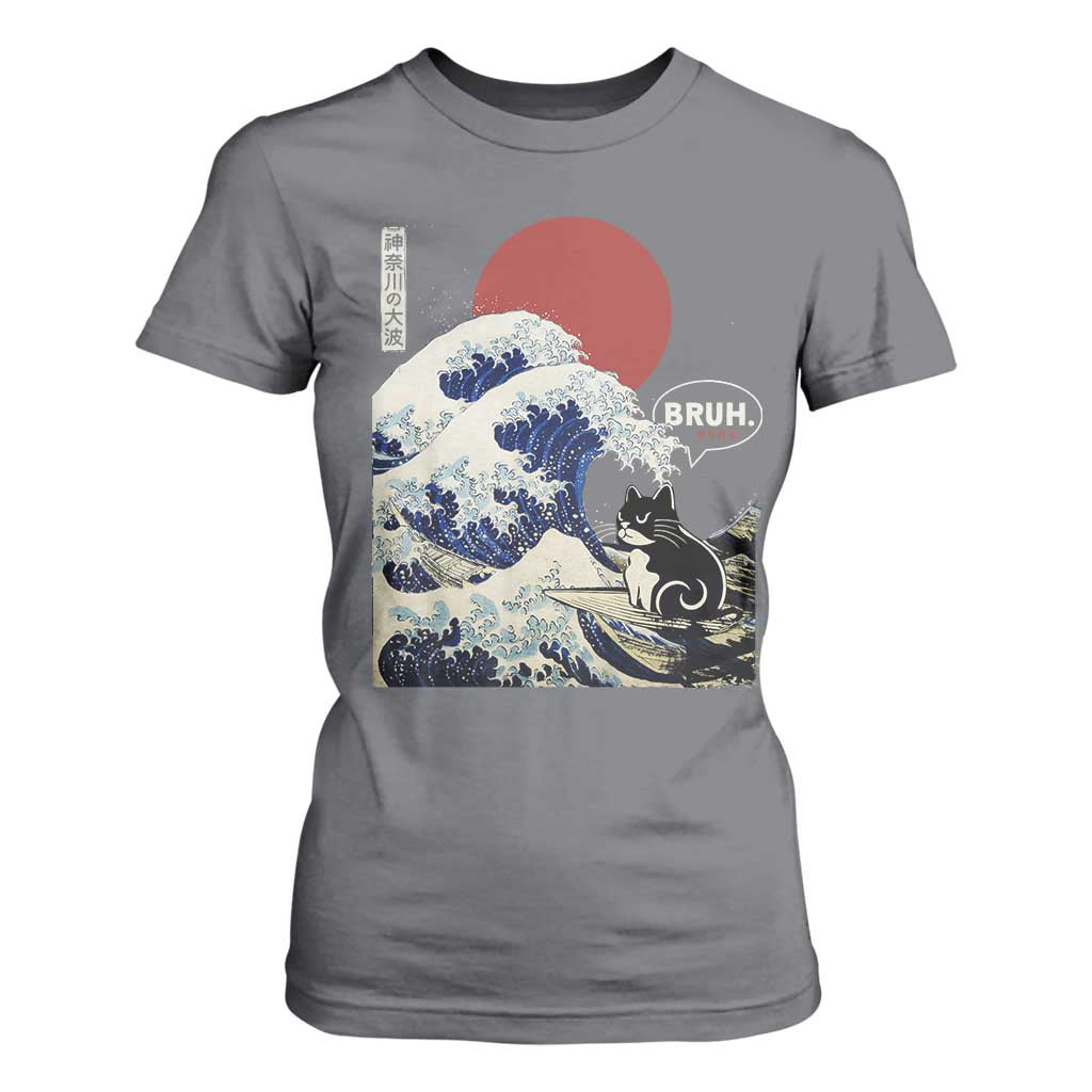 Japanese Kawaii Anime Cat T Shirt For Women Funny Surfing Cat Bruh Retro The Great Wave Kanagawa TS10 Charcoal Print Your Wear