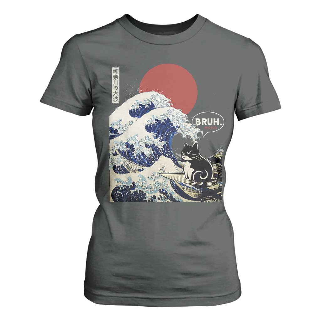 Japanese Kawaii Anime Cat T Shirt For Women Funny Surfing Cat Bruh Retro The Great Wave Kanagawa TS10 Dark Heather Print Your Wear