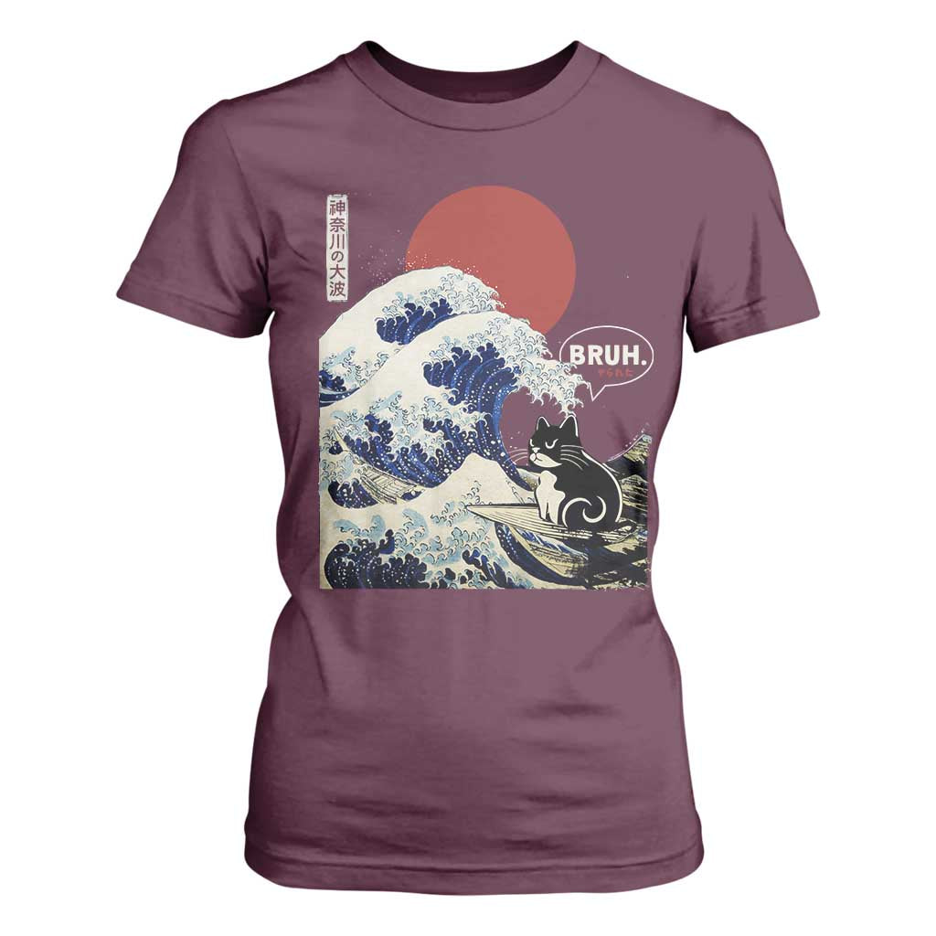 Japanese Kawaii Anime Cat T Shirt For Women Funny Surfing Cat Bruh Retro The Great Wave Kanagawa TS10 Maroon Print Your Wear