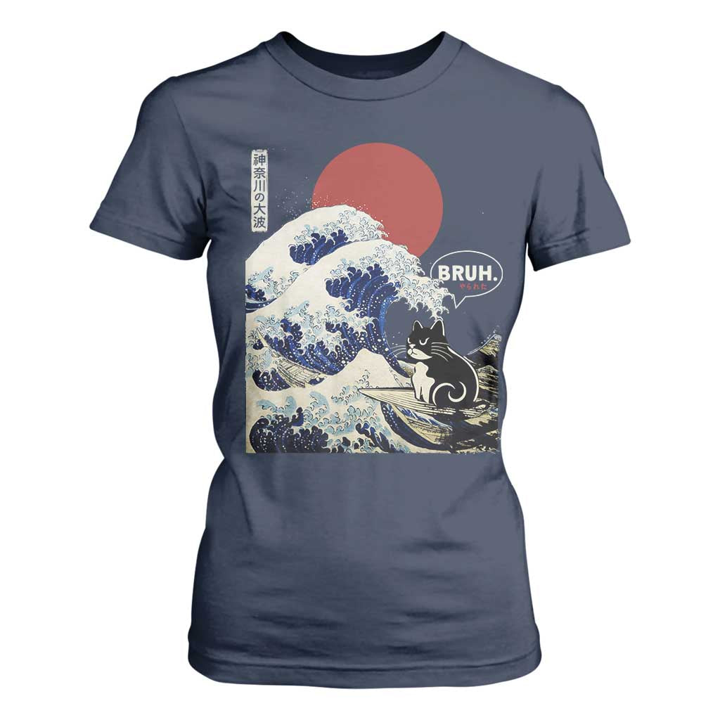 Japanese Kawaii Anime Cat T Shirt For Women Funny Surfing Cat Bruh Retro The Great Wave Kanagawa TS10 Navy Print Your Wear