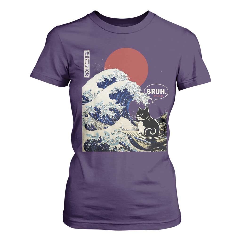 Japanese Kawaii Anime Cat T Shirt For Women Funny Surfing Cat Bruh Retro The Great Wave Kanagawa TS10 Purple Print Your Wear