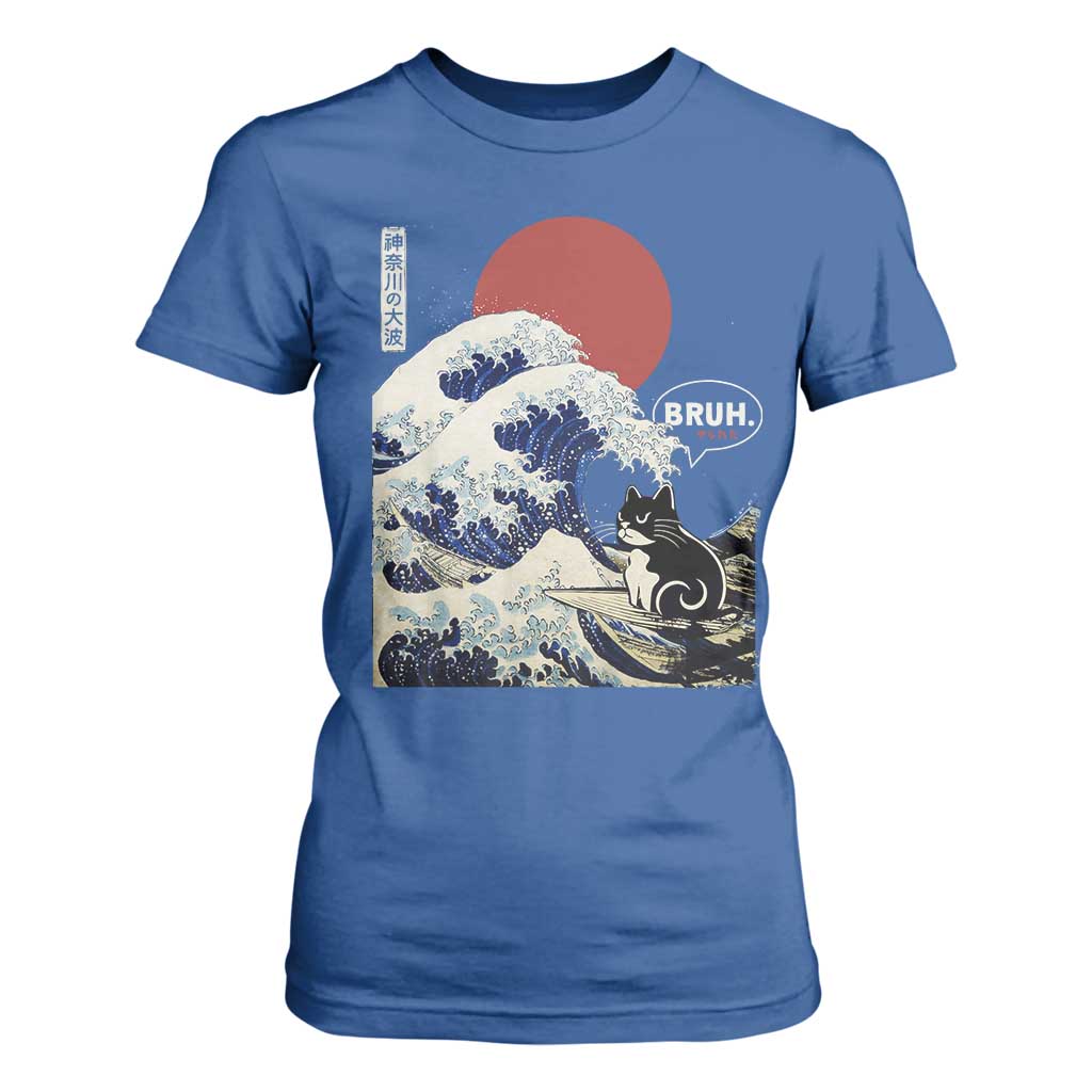 Japanese Kawaii Anime Cat T Shirt For Women Funny Surfing Cat Bruh Retro The Great Wave Kanagawa TS10 Royal Blue Print Your Wear